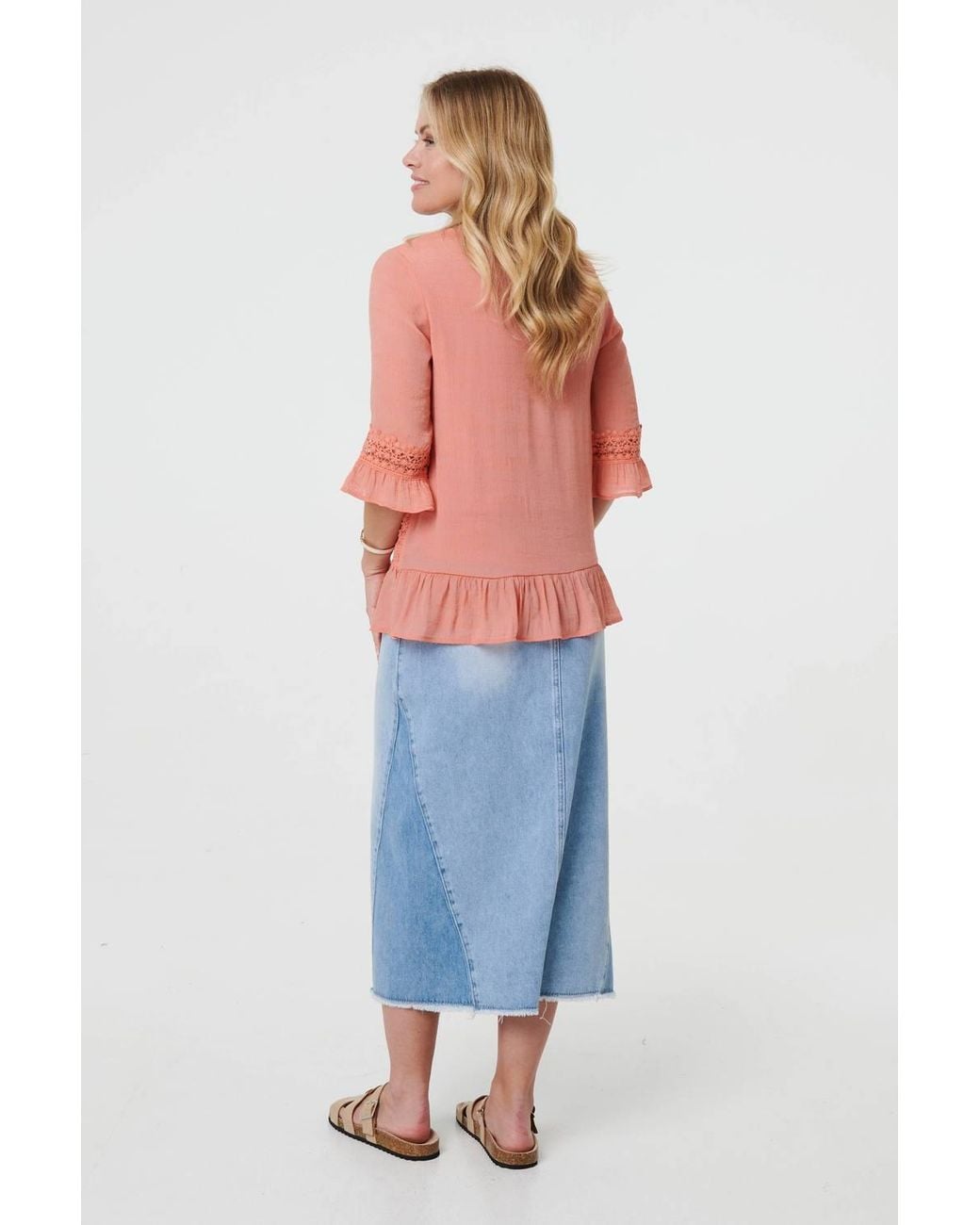 Izabel London Lace Trim 3/4 Flared Sleeve Blouse