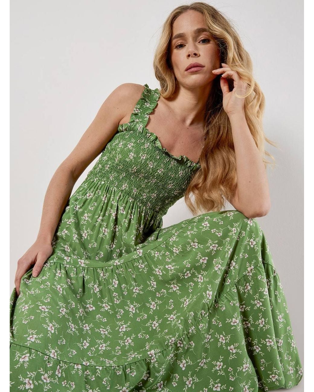 Apricot Green Orchid Print Smocked Midi Dress