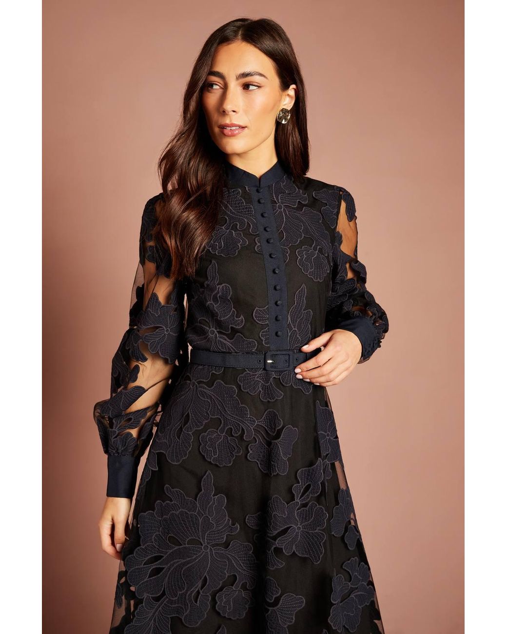 Coast Black Applique Belted Long Sleeve Shirt Midi Dress