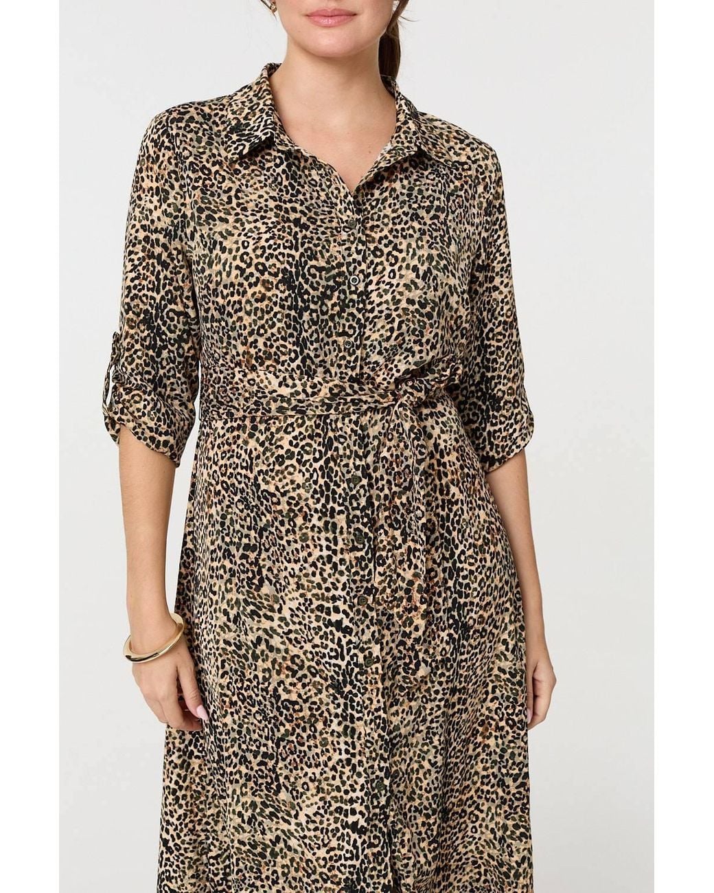 Izabel London Green Animal Print Tie Waist Midi Shirt Dress