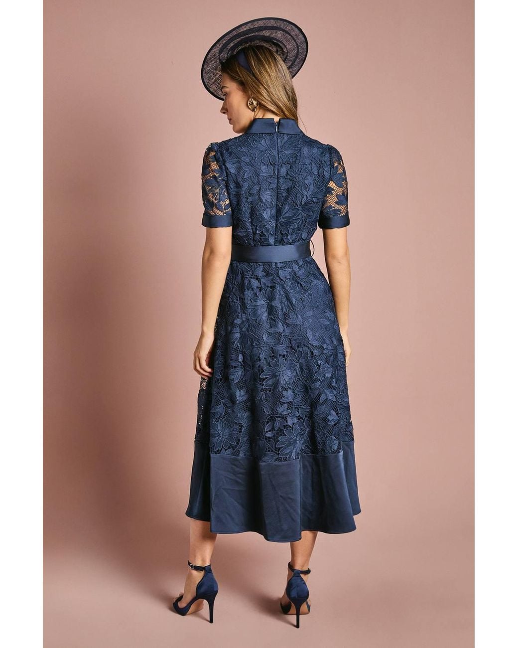 Coast Blue Satin Trim Lace Shirt Midi Dress