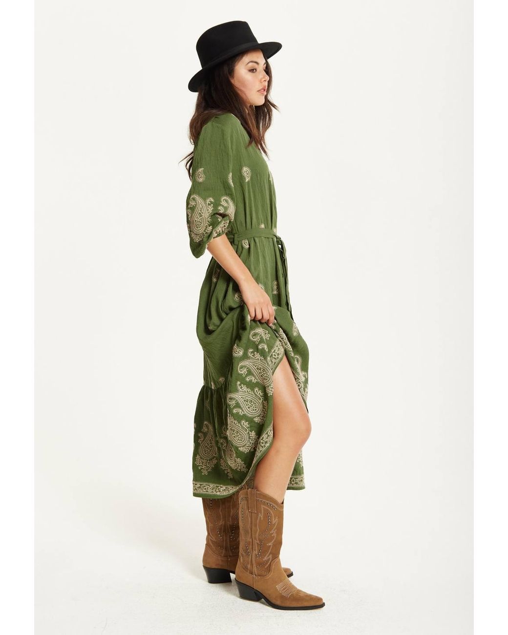 Liquorish Green Paisley Embroidered Midi Shirt Dress