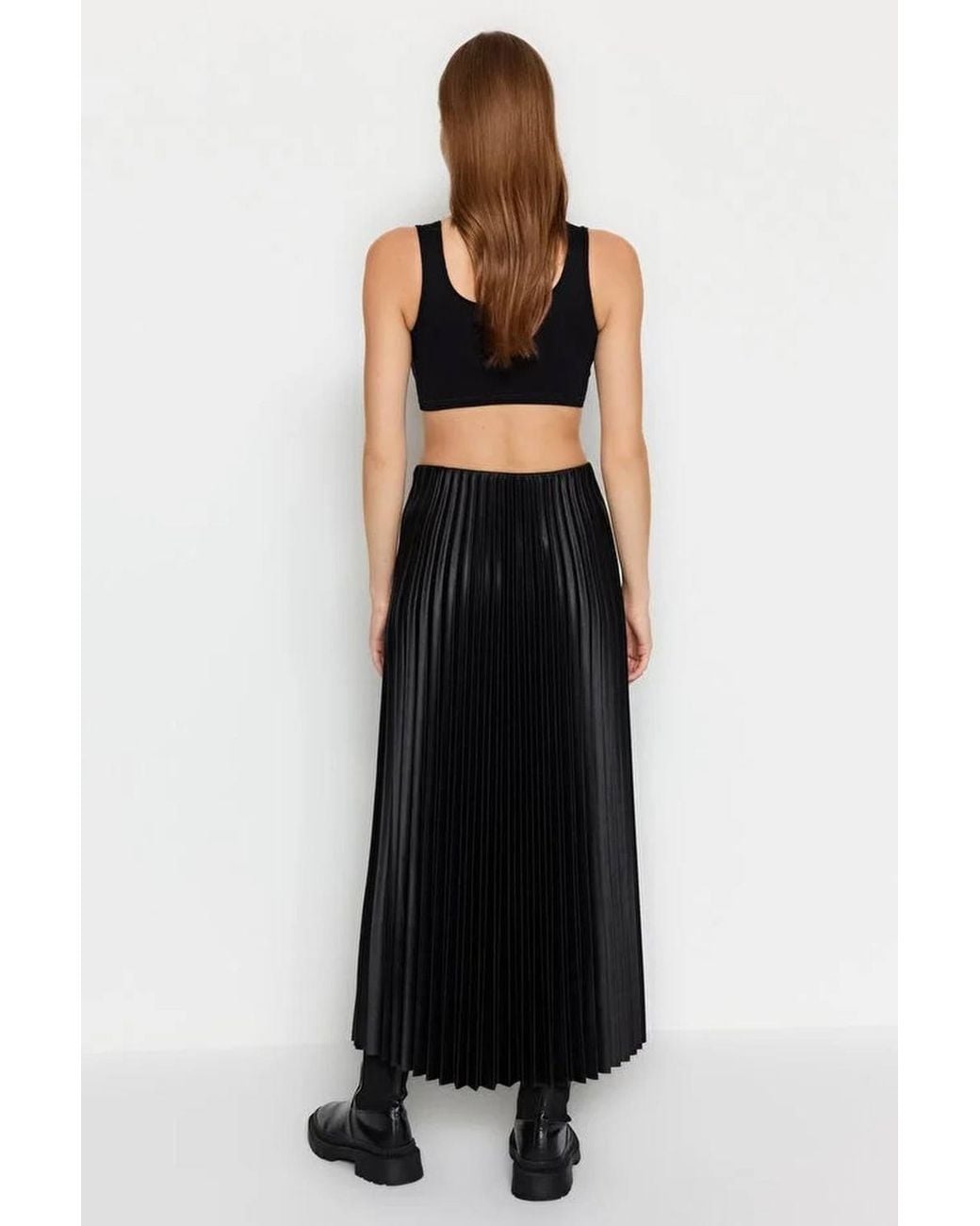 WOVCOR Black Pleated Maxi Faux Leather Skirt
