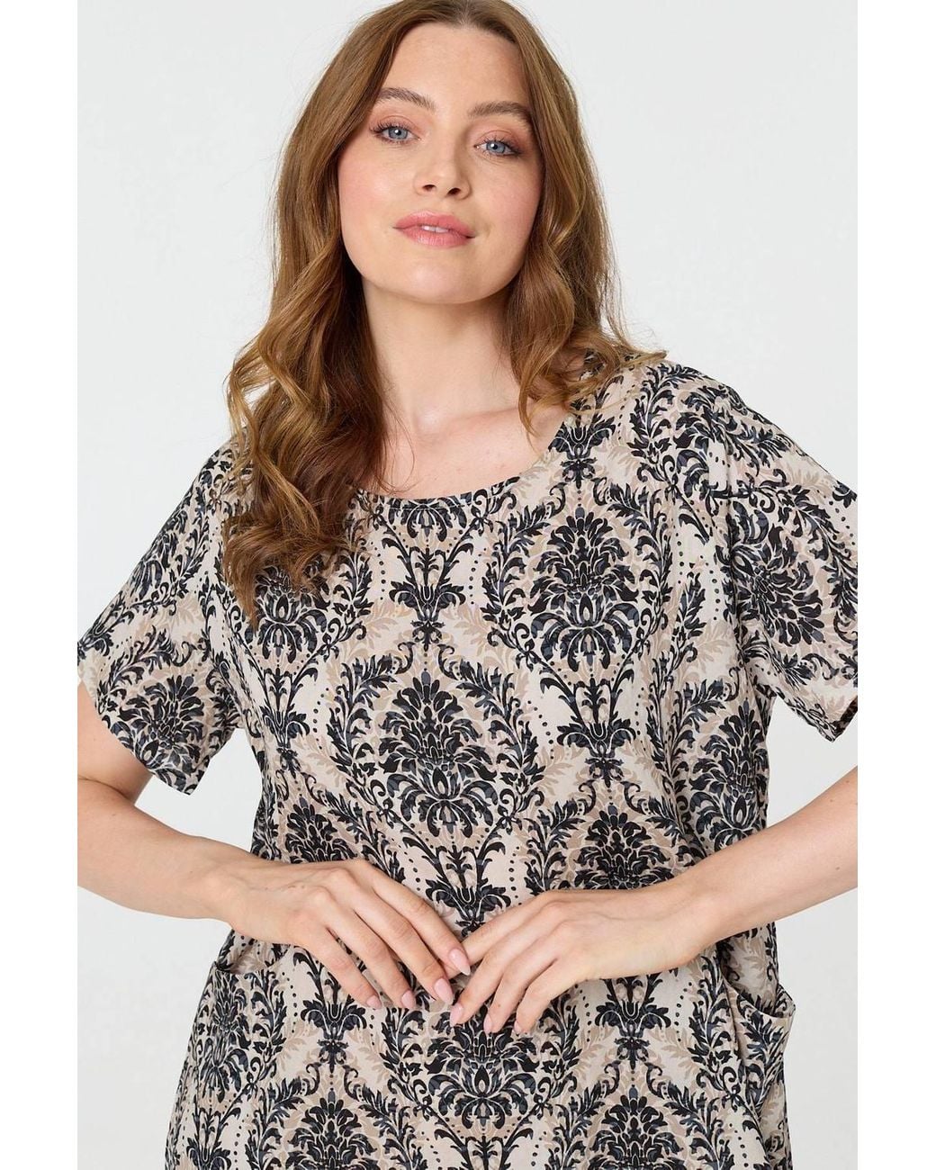 Izabel London Blue Baroque Print Relaxed Short Shift Dress