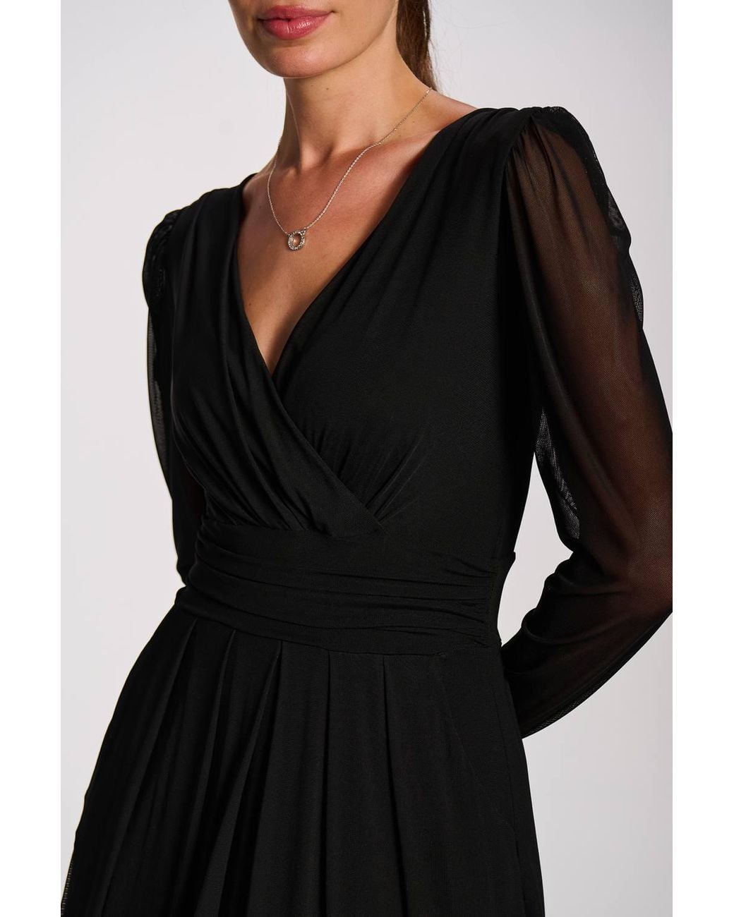 Jolie Moi Black Mesh Long Sleeve Pleated Maxi Dress