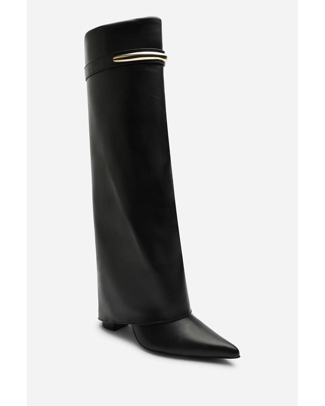 Where's That From Black Nareva Fold Over Shark Block Heel Point Toe Boots W/ Trim Detail