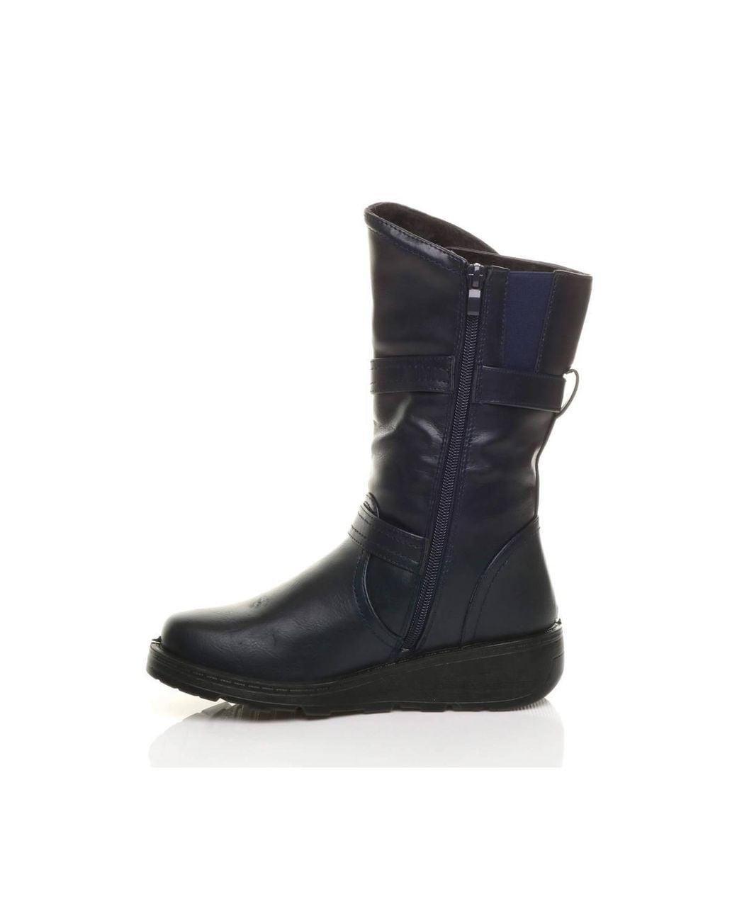 AJVANI Black Low Wedge Heel Comfort Calf Biker Boots