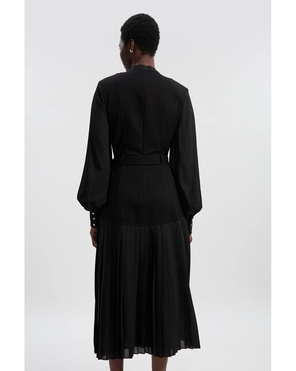 Karen Millen Black Ponte And Georgette Mix Balloon Sleeve Cut Out Detail Pleated Maxi Dress