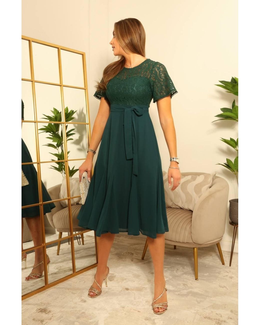 Double Second Blue Lace Top Chiffon Godet Dress