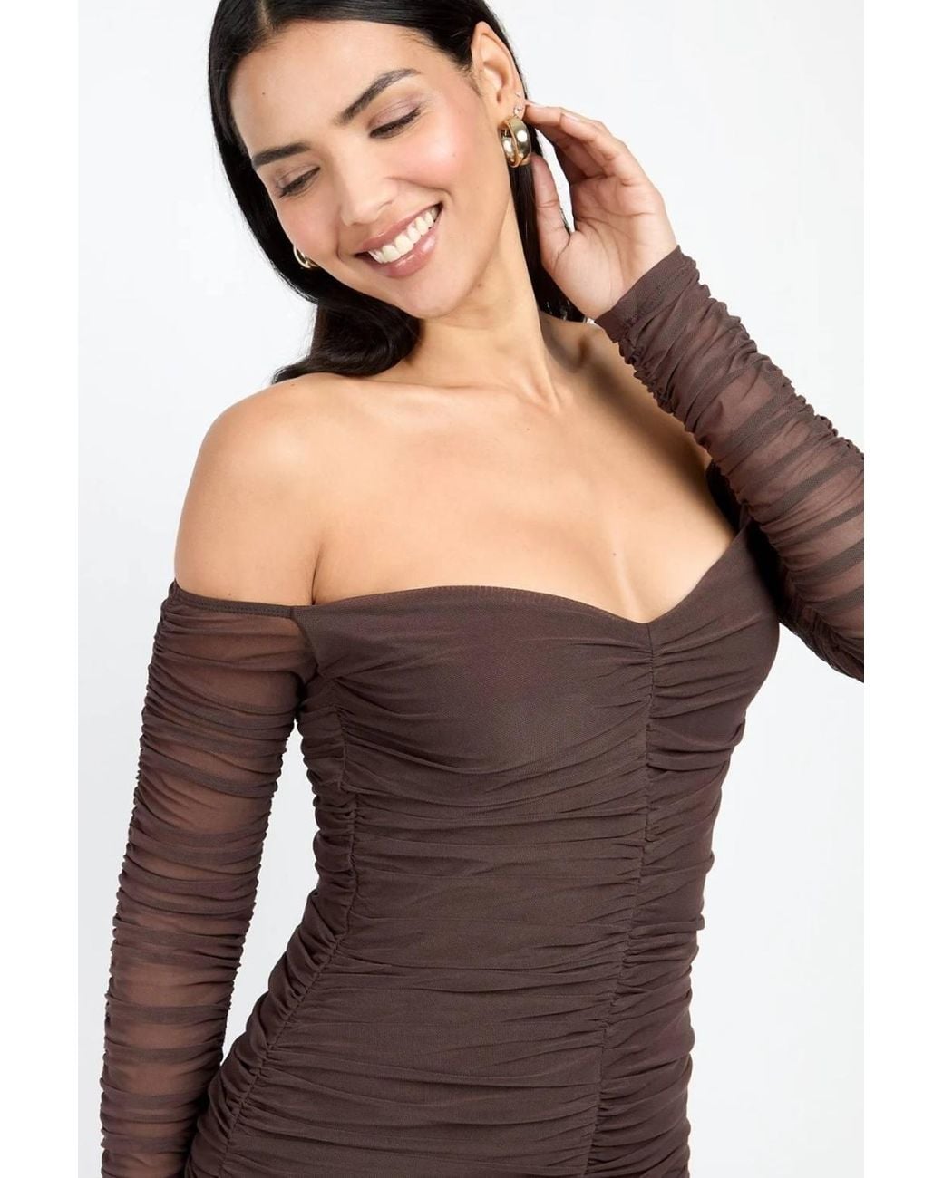 Little Mistress Brown Chocolate Mesh Ruched Bardot Mini Dress