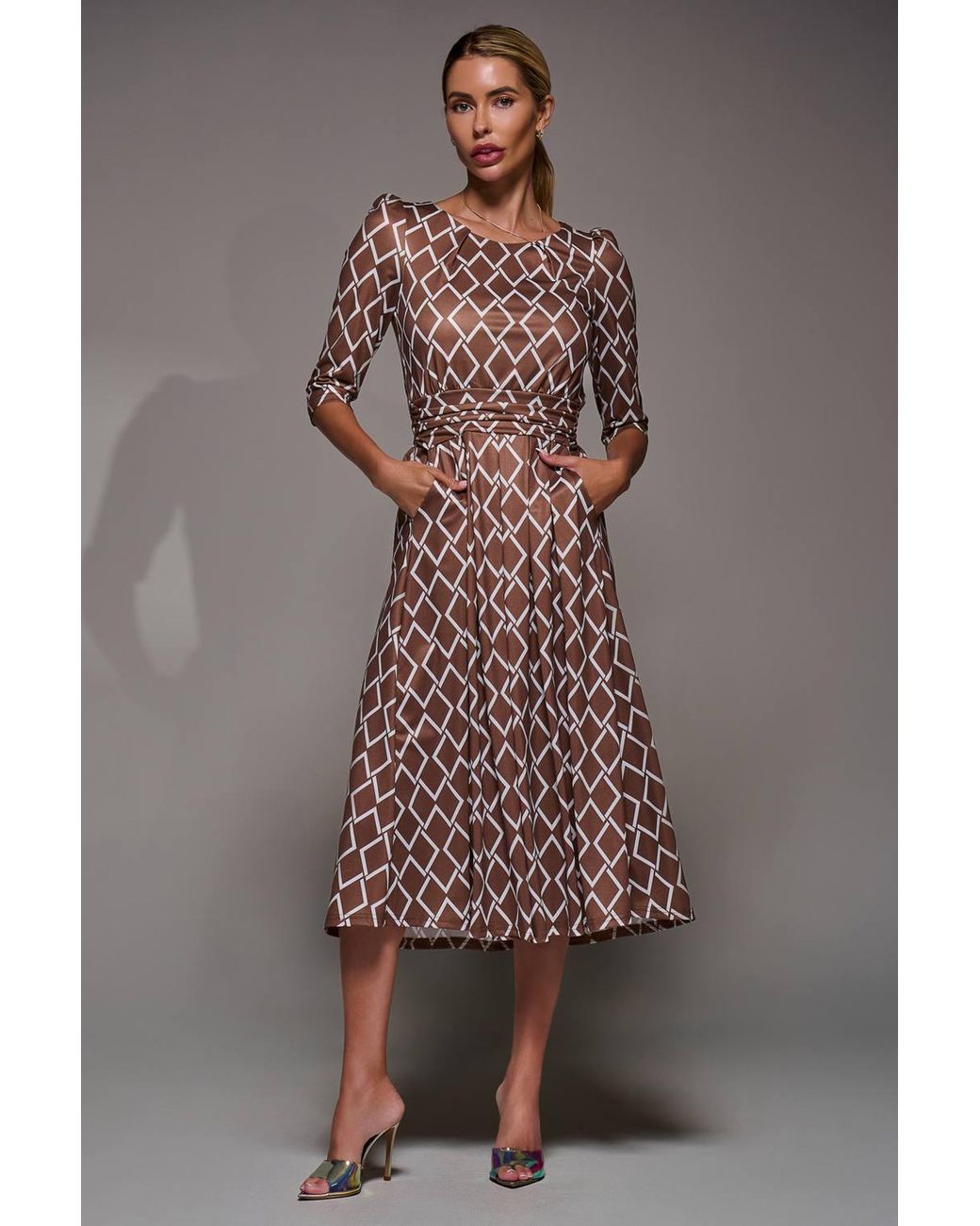 Jolie Moi Brown Three Quarter Sleeve Jersey Midi Dress