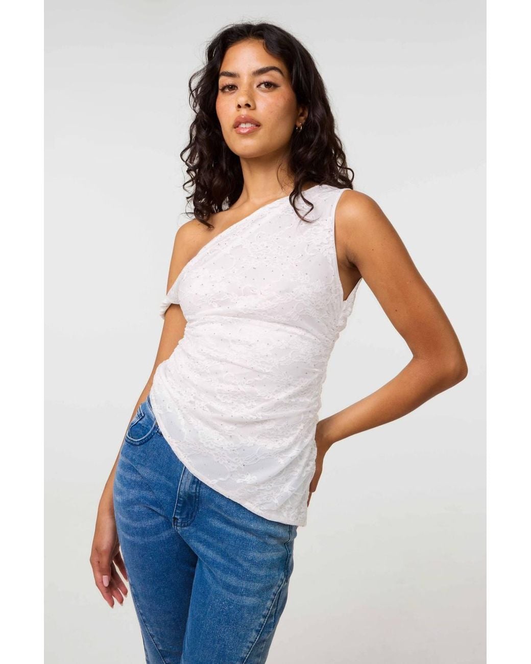 Pink Vanilla White Diamante Lace Shoulder Top