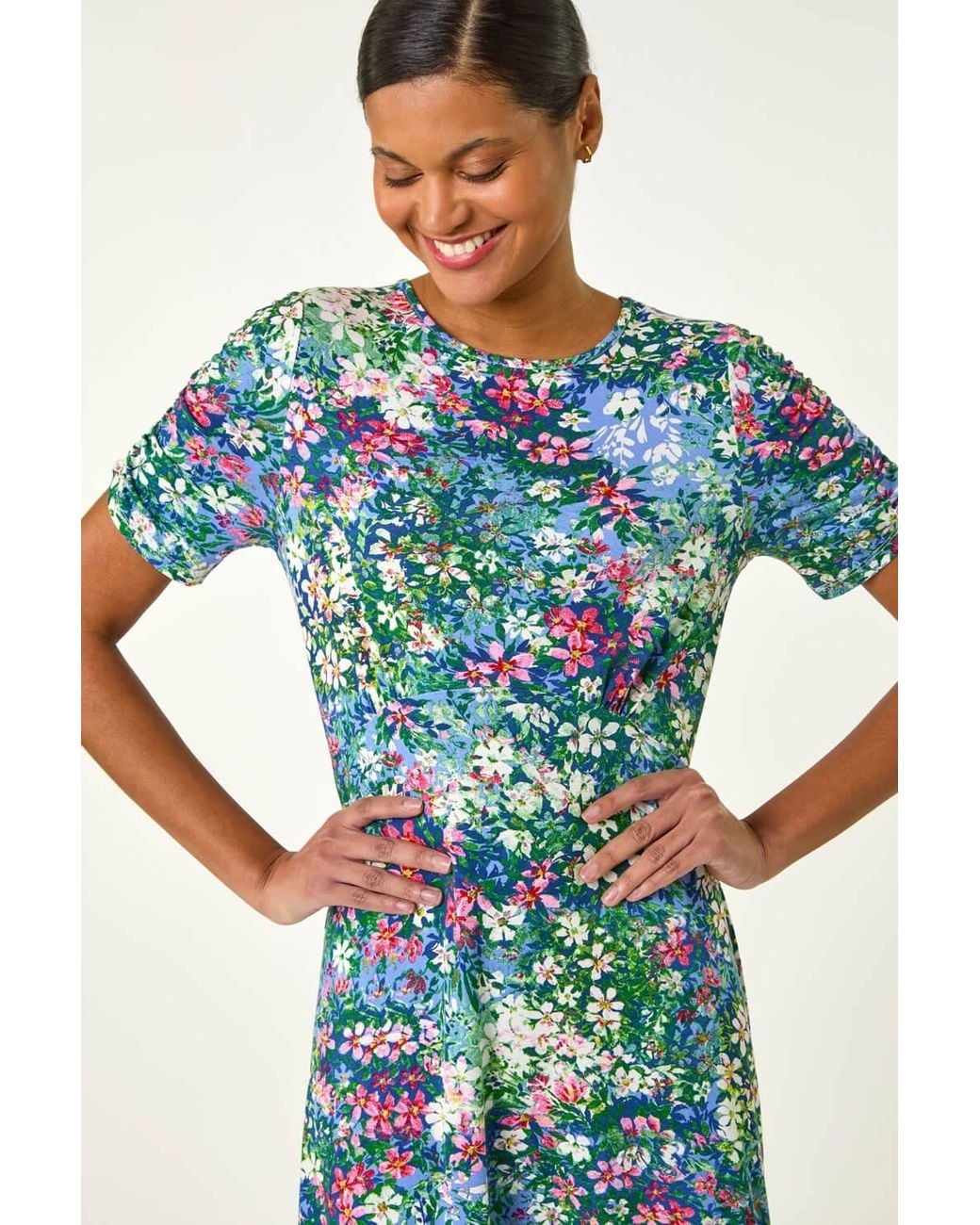 Roman Blue Ditsy Floral Print Stretch Short Dress