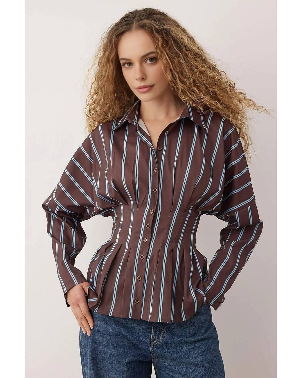 WOVCOR Multicolor Stripe Print Waist Fitted Button Through Shirt