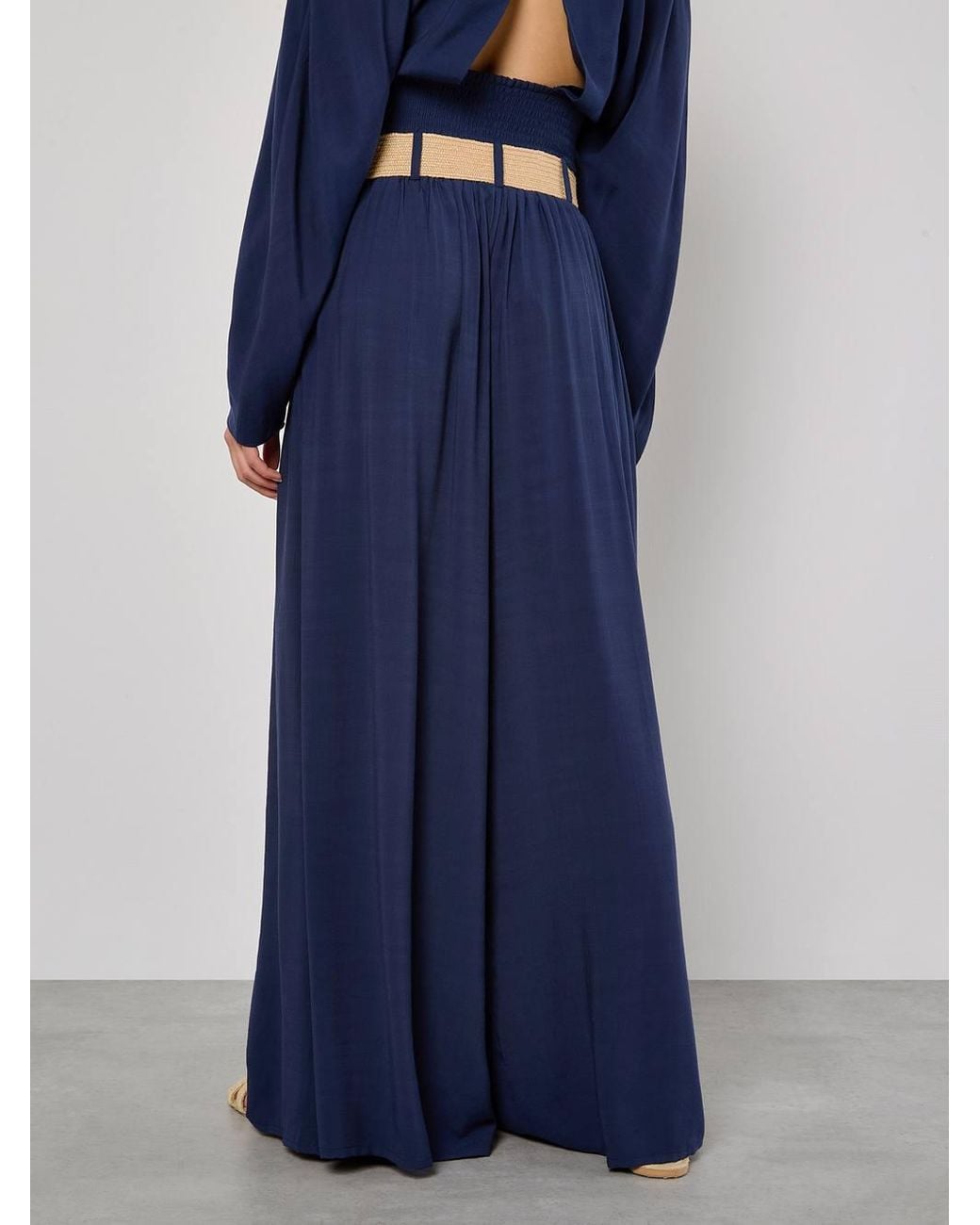 Apricot Blue Pleated Palazzo Trousers W/ Belt