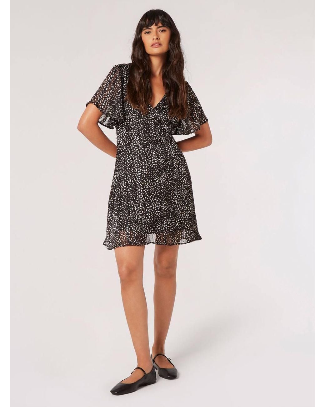 Apricot Black Shimmer Chiffon Spot Mini Dress