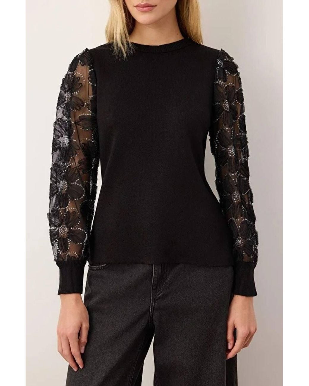 WOVCOR Black Knitted Crew-Neck Sweater W/ Sheer Tulle Floral Sleeves