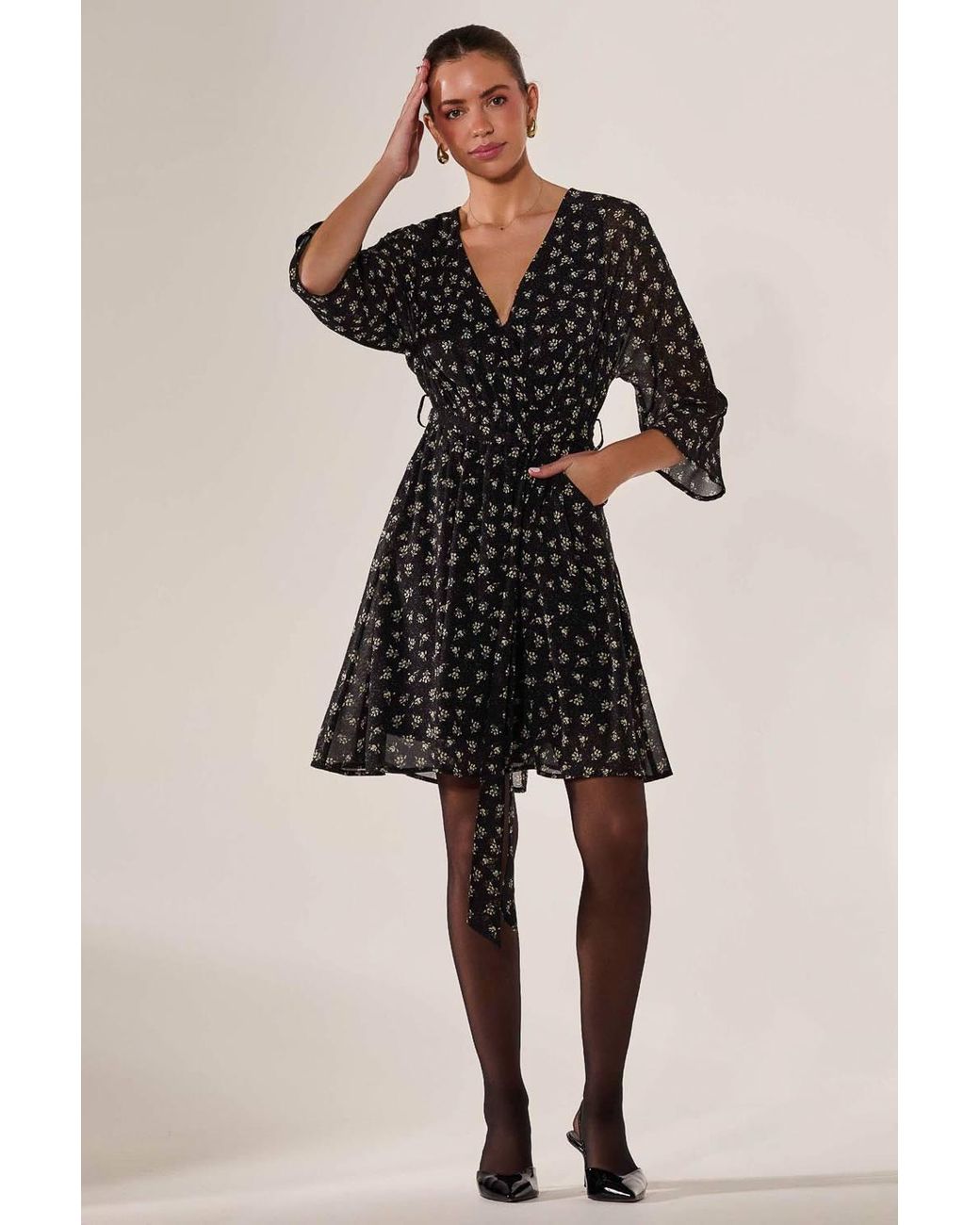Jolie Moi Black Chiffon 3/4 Sleeve Mini Dress