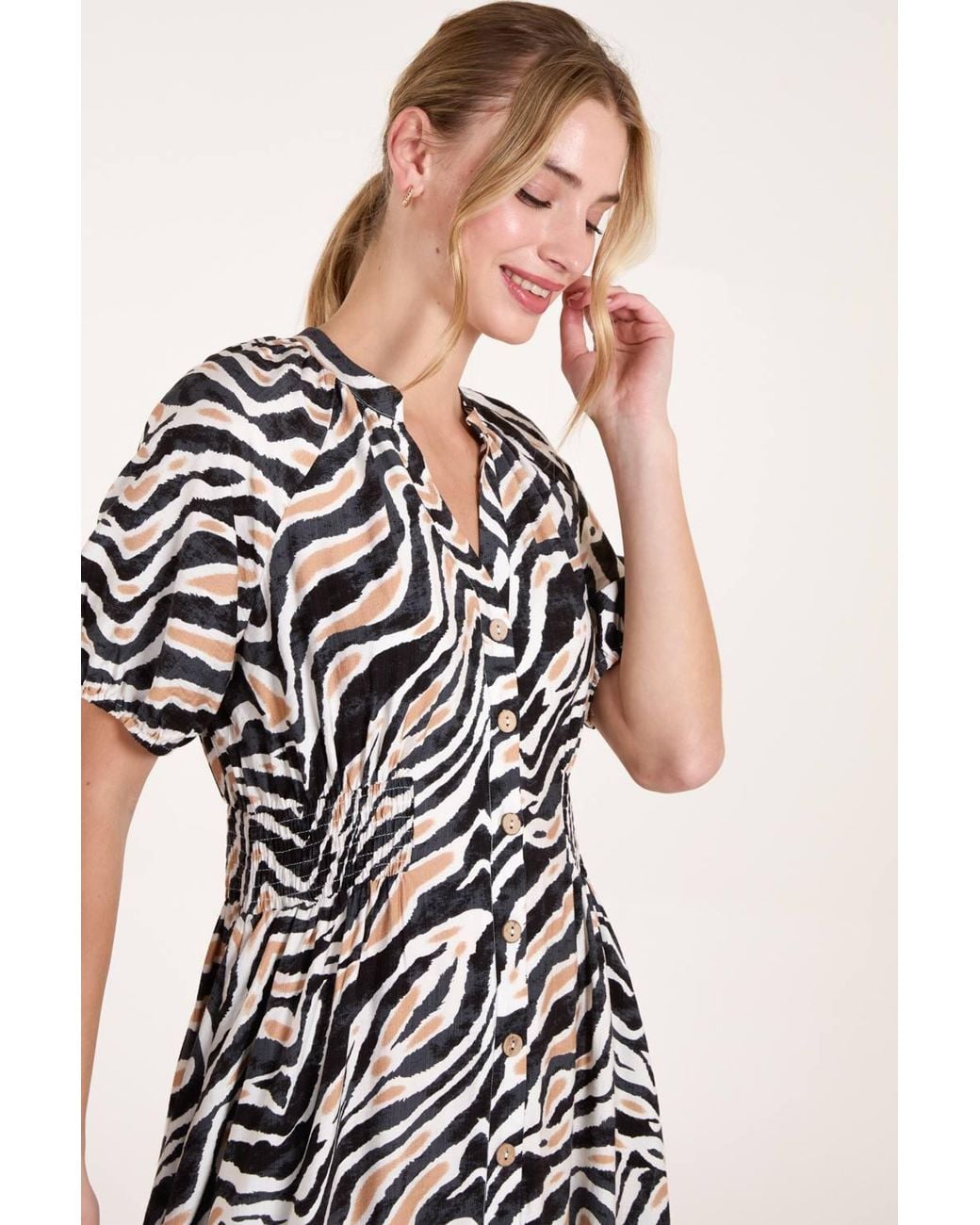Blue Vanilla Natural Shirred Waist Button Front Puff Sleeve Midi Dress