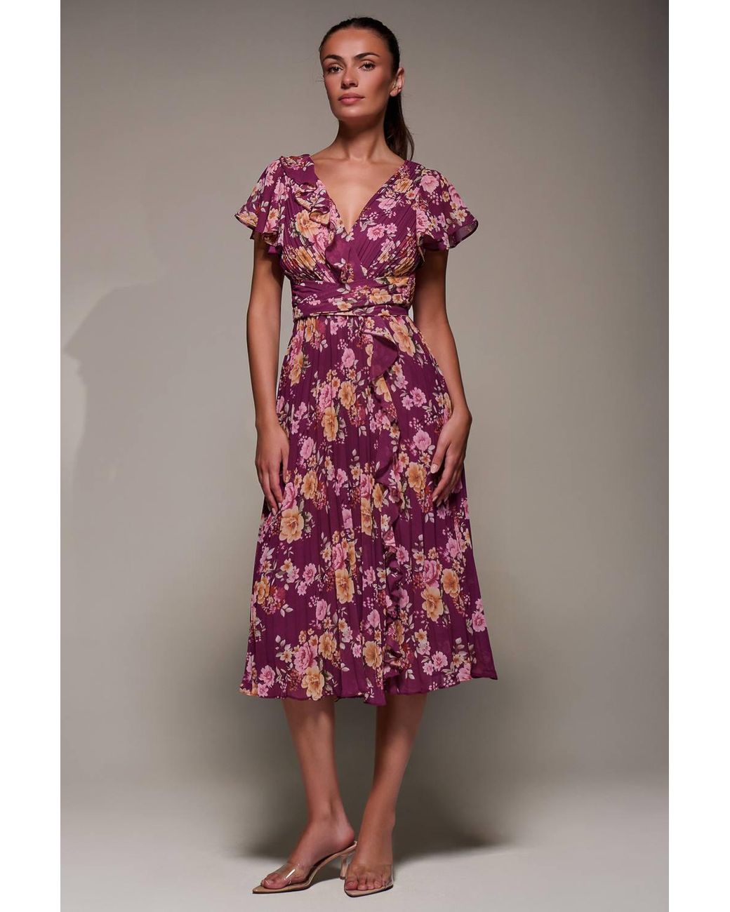 Jolie Moi Pink Printed Ruffle Detail Pleated Chiffon Midi Dress