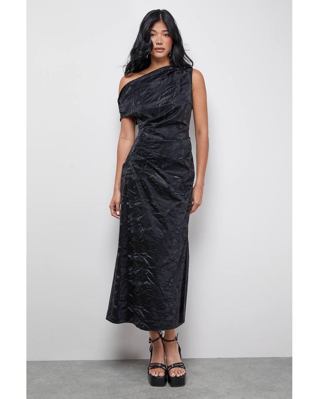Warehouse Blue Faux Crinkle Leather Fallen Shoulder Ruched Waist Midi Dress