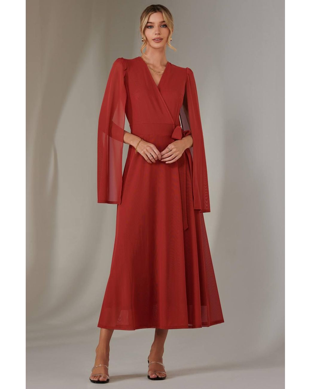 Jolie Moi Red Cape Sleeve Wrap Maxi Dress