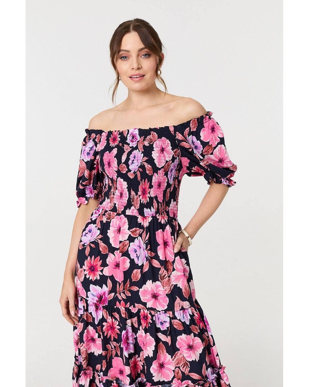 Izabel London White Floral Puff Sleeve Bardot Midi Dress
