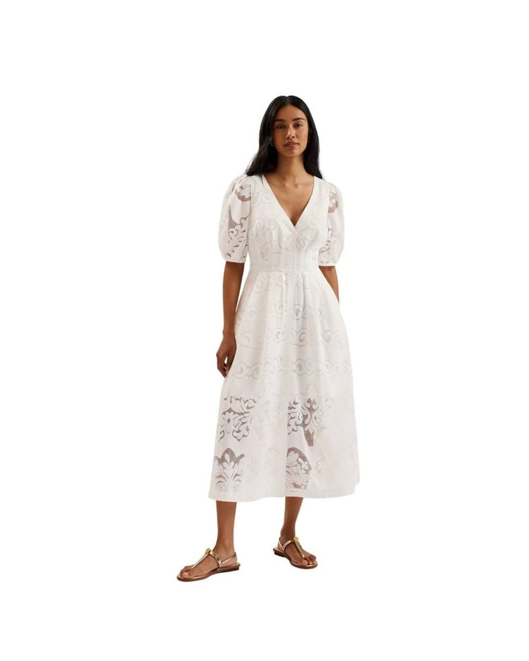 Ted Baker White Agnel Three Quarter Sleeve V-Neck Regular Fit Midi Dress