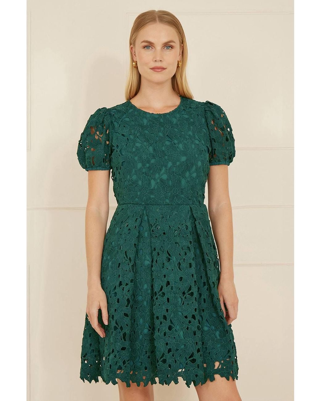 Yumi' Green Lace Skater Dress W/ Puff Sleeves