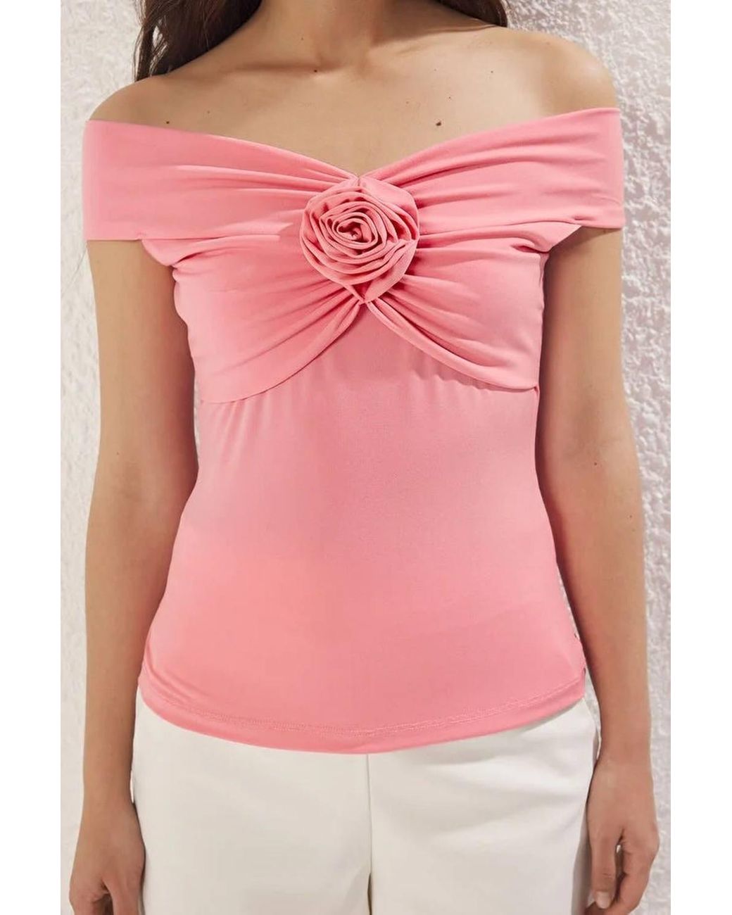 WOVCOR Pink Floral Detail Bardot Ruched Blouse Top