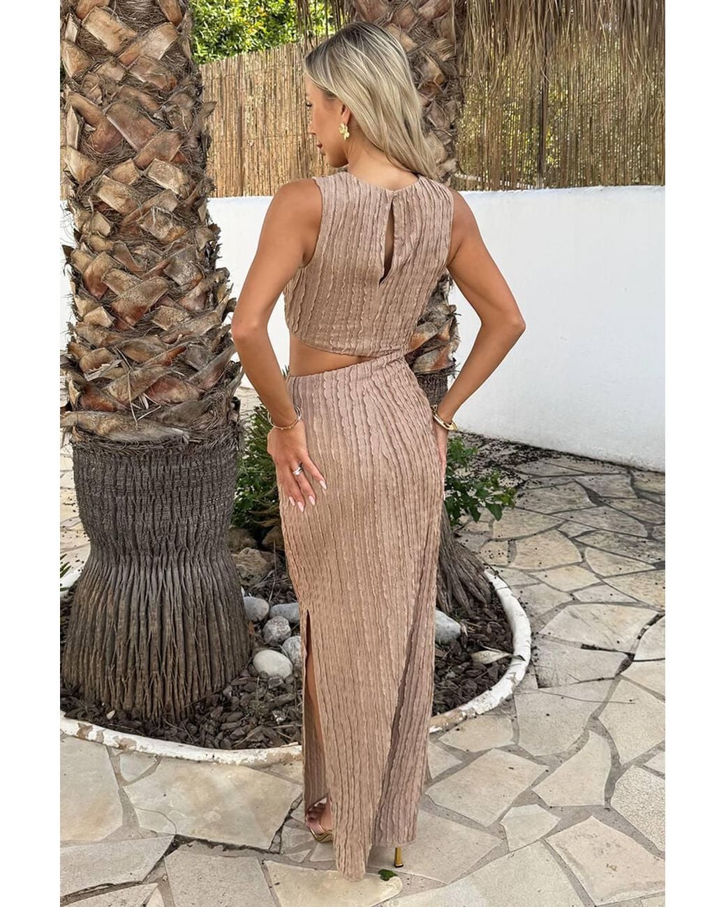 AX Paris Black Mocha Textured Side Waist Cut Out Midi Dress