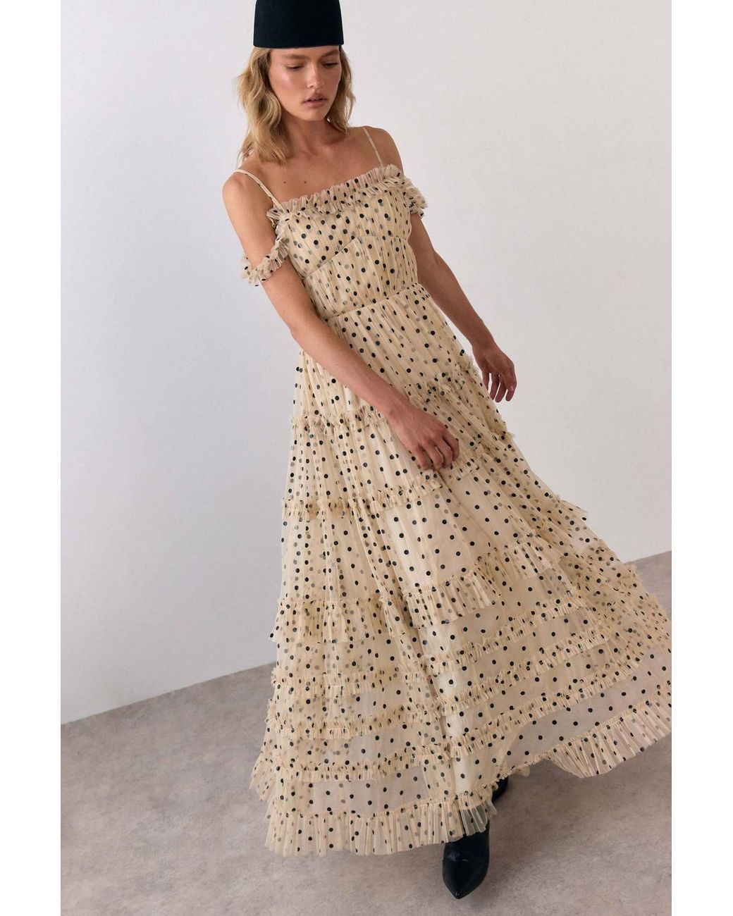 Warehouse Natural Bardot Gathered Seam Detail Tulle Maxi Dress