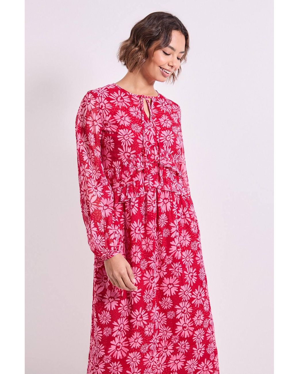 Dorothy Perkins Pink Daisy Tie Neck Frill Detail Trapeze Printed Midi Dress