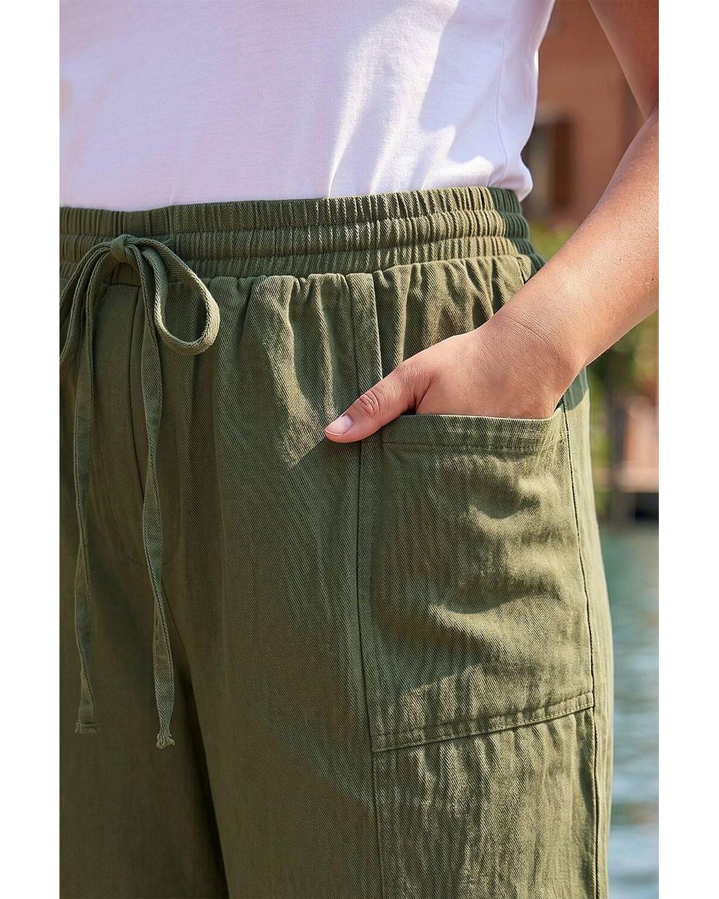 Roman Green Curve Tie Waist Pocket Trouser