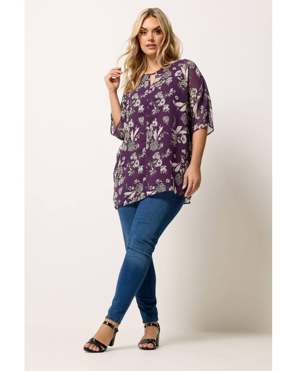 Yours Purple Floral Print Keyhole Detail Top