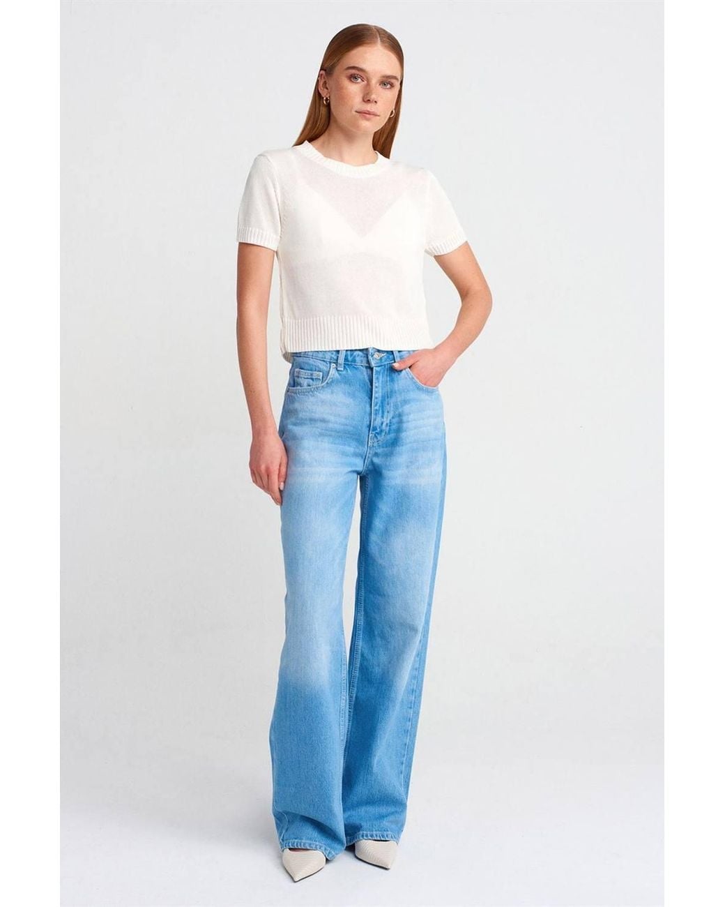 Dilvin White Ribbed Crew Neck Short-Sleeve Sweater