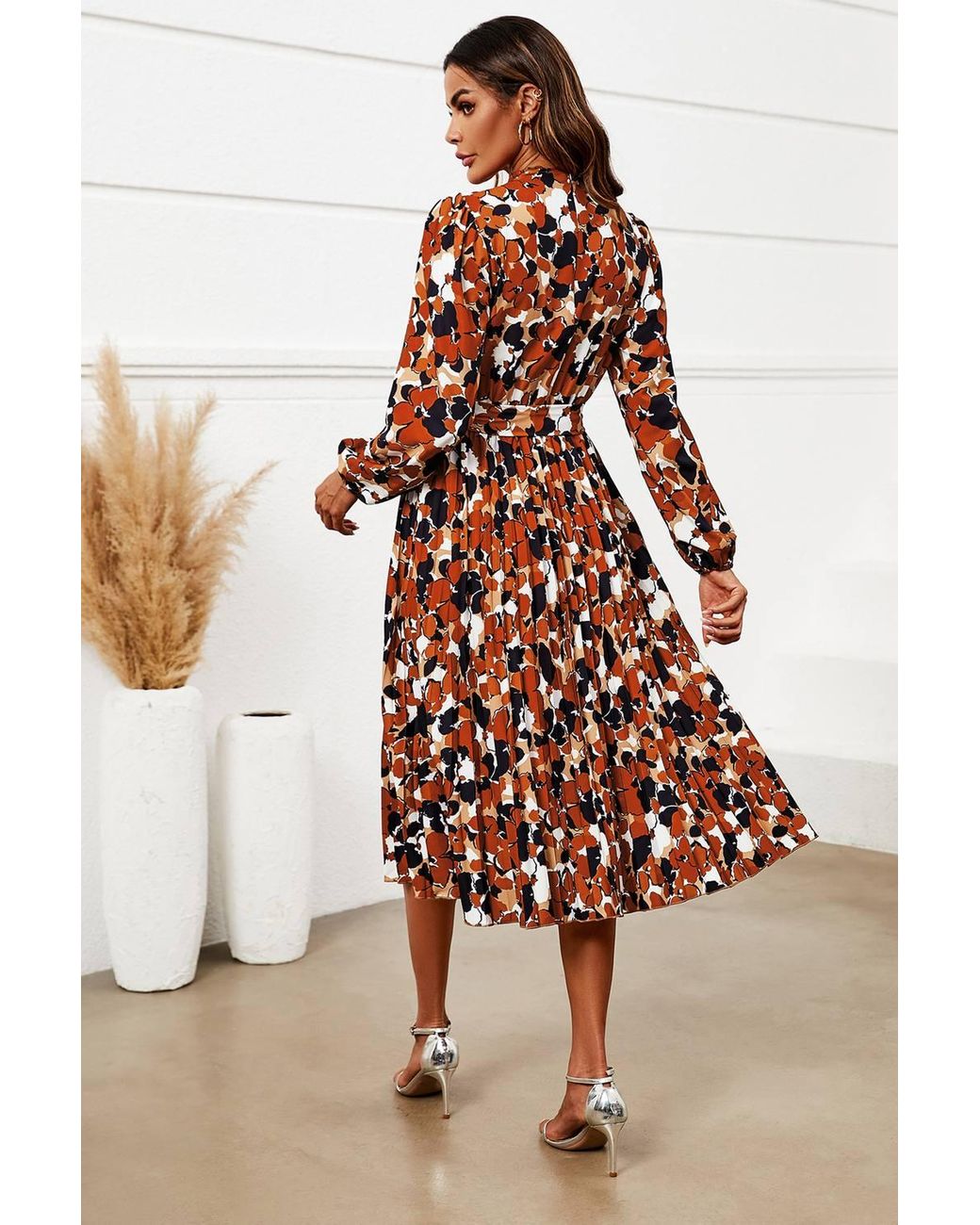 FS Collection White Floral Print High Neck Long Sleeve Midi Dress