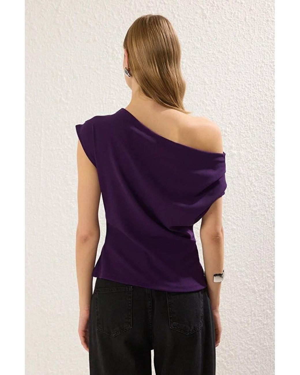 WOVCOR Purple Draped Bardot Neck Ruched Detail Sleeveless Top