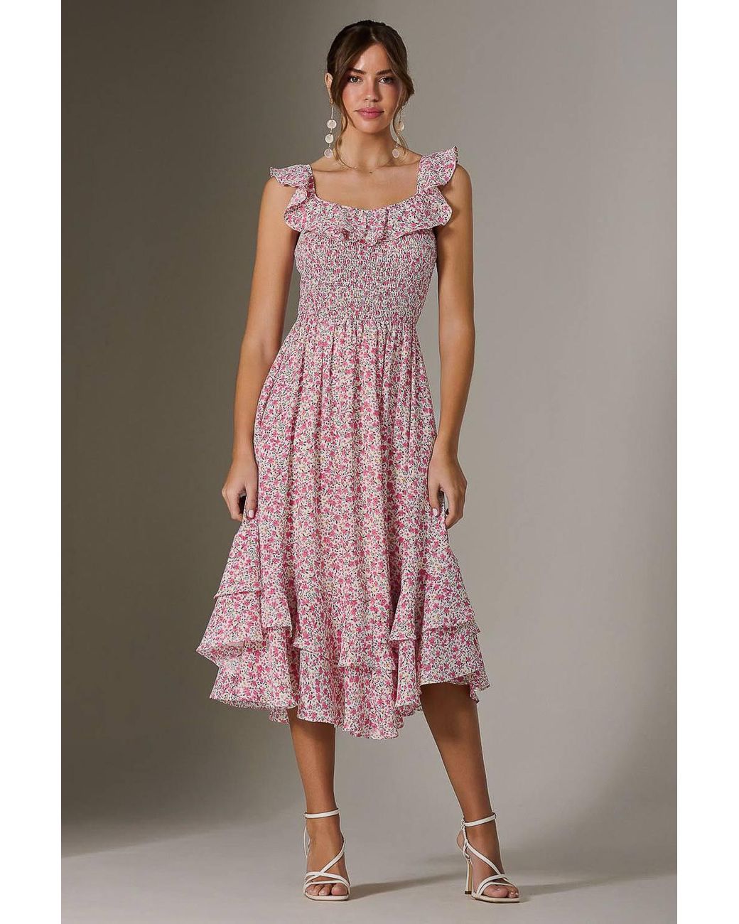 Jolie Moi Pink Ruffle Shirred Woven Midi Dress
