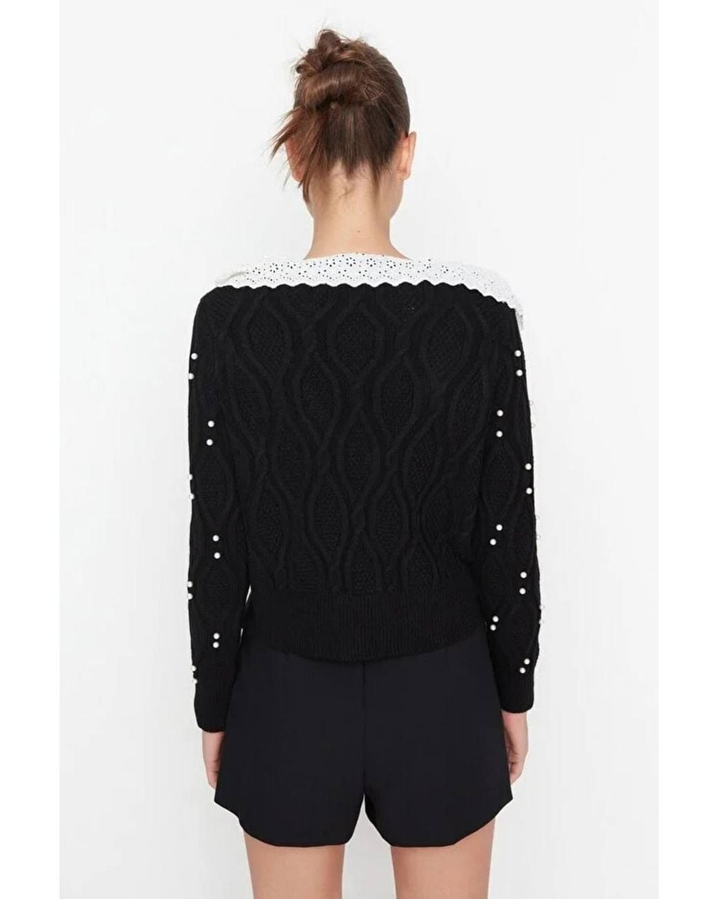 WOVCOR Black Shirt Woven Garni Collar Detailed Knit Cardigan