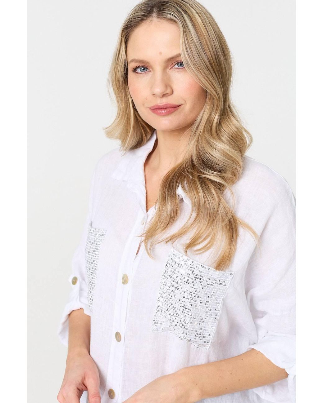 Izabel London White Sequin Detail 3/4 Turn-Up Sleeve Shirt