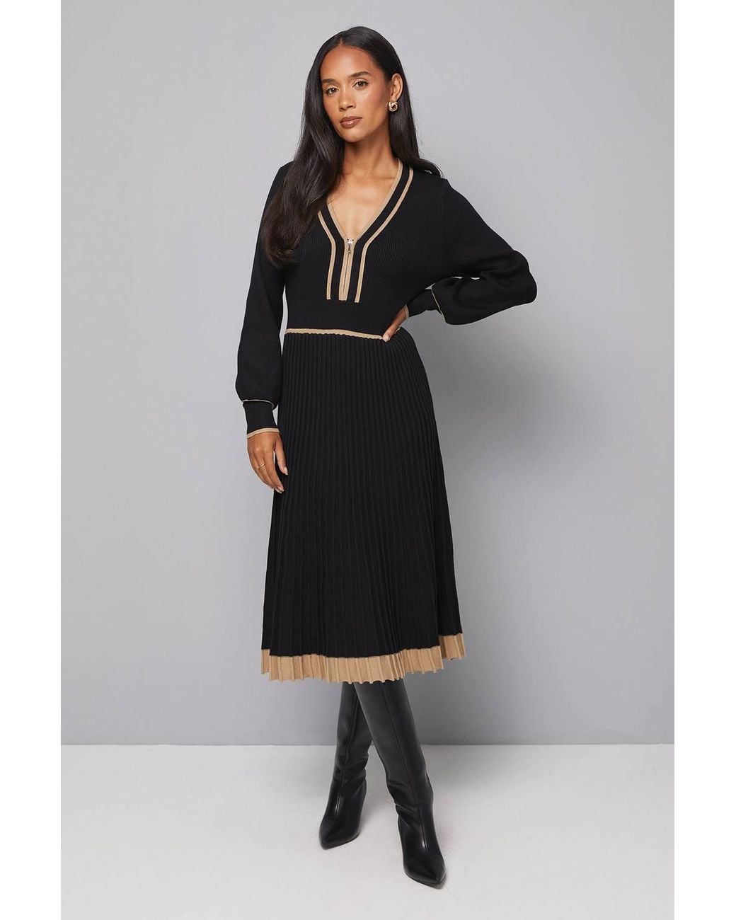 Wallis Black Zip Front Pleated Knitted Midi Dress