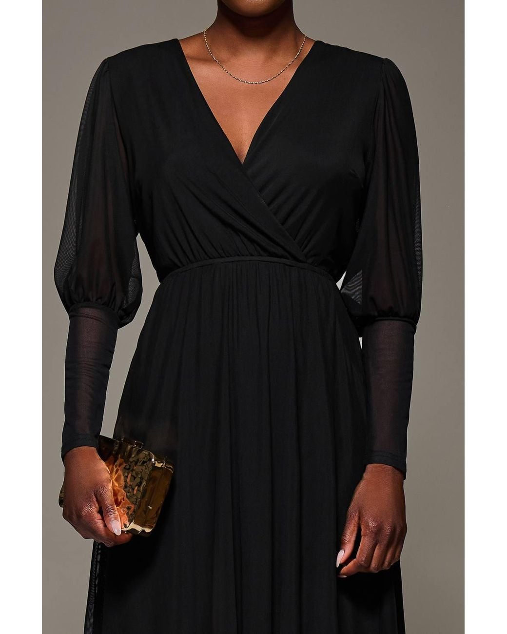 Jolie Moi Black Mesh Long Puff Sleeve Wrap Midi Dress