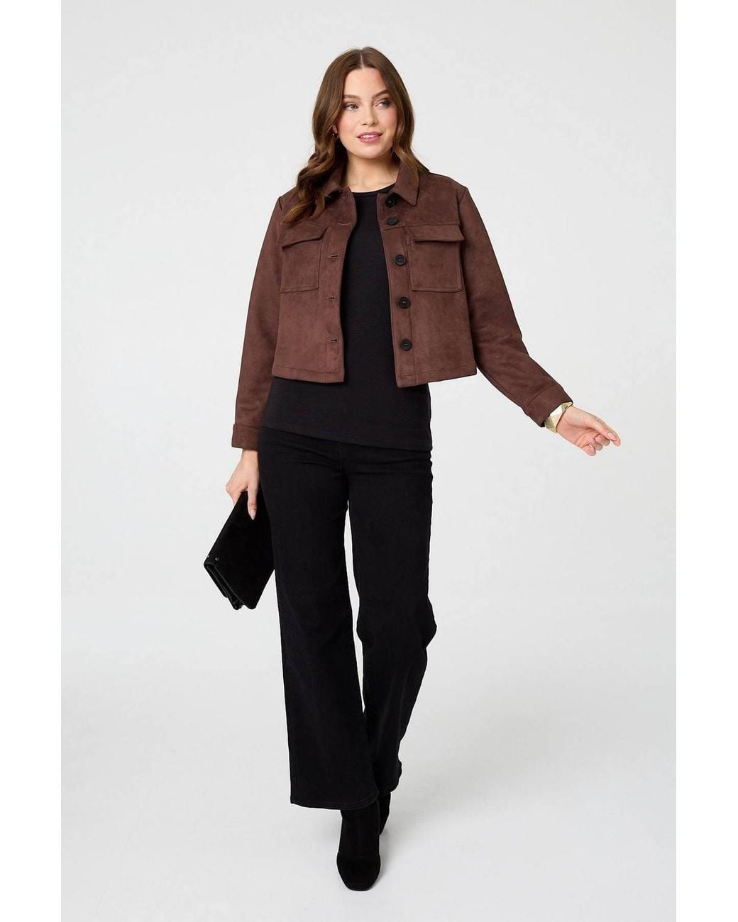 Izabel London Brown Faux Suede Cropped Boxy Jacket