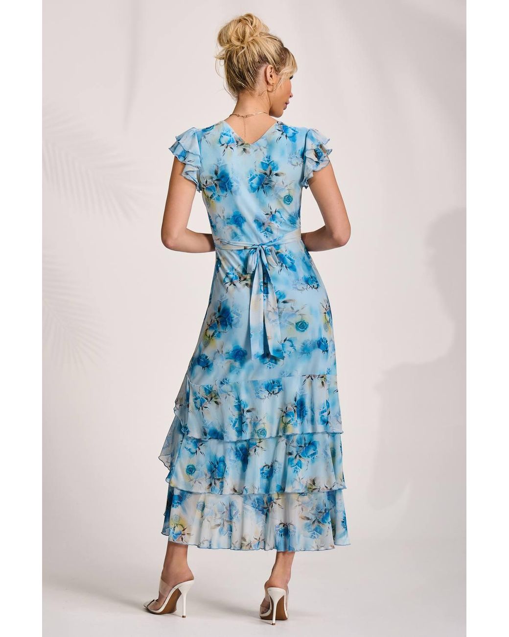 Jolie Moi Blue Mesh Ruffle Detail Maxi Dress