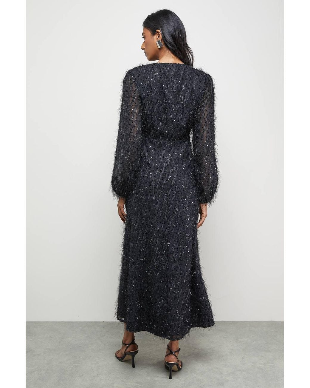 Warehouse Blue Sequin Embellished Fluffy Plunge Neck Midi Dress