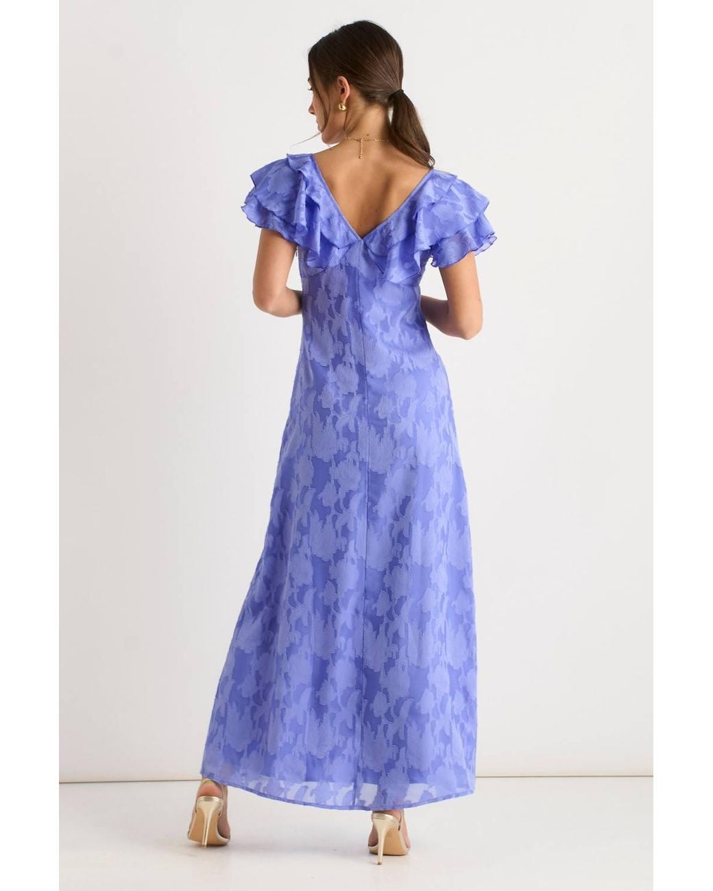Gini London Blue Satin Jacquard Ruffle Maxi Dress