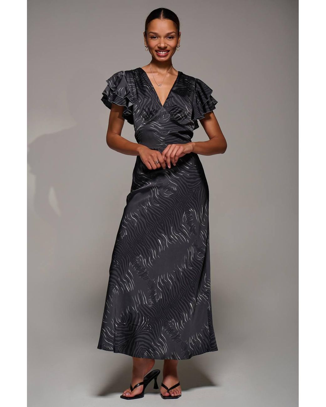 Jolie Moi Blue Ruffle Sleeve Print Satin Maxi Dress