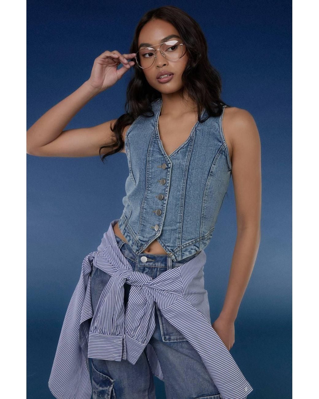 Pink Vanilla Blue Denim Fitted Waistcoat