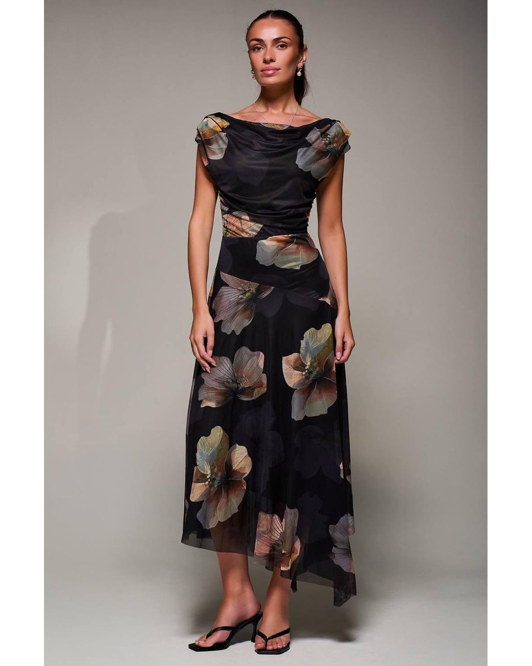 Jolie Moi Multicolor Mesh Asymmetrical Draped Maxi Dress